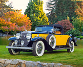 AUT 19 RK1013 01
1937 Cadillac 370A Roadster Yellow And Black 3/4 Front View On Grass By Autumn Trees And Pond