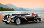 AUT 19 RK1029 01
1937 Alfa Romeo 2900B Spider 8C Black 3/4 Front View On Pavement By Beach At Dusk