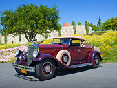 AUT 19 RK1030 01
1930 Pierce-Arrow Model B Two-Tone Maroon 3/4 Front View On Pavement By Wildflowers