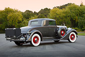 AUT 19 RK1055 01
1934 Packard 1101 Stationary Coupe Gray 3/4 Rear View On Pavement By Trees