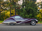 AUT 19 RK1070 01
1938 Talbot-Lago T150C SS Teardrop Coupe Purple Profile View On Pavement By Trees