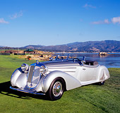 AUT 19 RK0549 05
1938 Horch 853A Sport Cabriolet Silver 3/4 Front View On Grass By Water