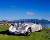 AUT 19 RK0550 02
1938 Horch 853A Sport Cabriolet Silver Low 3/4 Front View On Grass By Water