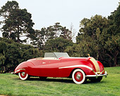 AUT 19 RK0581 06
1939 Rolls Royce Phantom III Labourdette Drophead Red 3/4 Side View On Grass By Trees