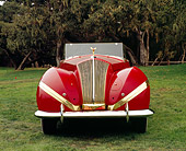 AUT 19 RK0583 03
1939 Rolls Royce Phaeton III Labourdette Drophead Red Head On Shot On Grass By Trees