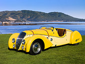 AUT 19 RK0691 01
1938 Peugeot 402 Pourtout Darl'mat Roadster Yellow 3/4 Front View On Grass By Trees Building