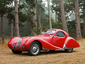 AUT 19 RK0693 03
1938 Talbot-Lago T150C SS Teardrop Coupe Red 3/4 Front View On Dirt By Trees