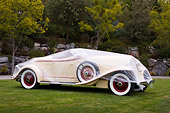 AUT 19 RK0699 01
1932 Auburn V-12 Boattail Speedster 160 Yellow And Maroon Under Plastic Front 3/4 View On Grass