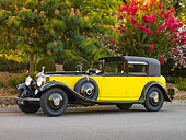AUT 19 RK0704 01
1931 Rolls-Royce Phantom II Yellow And Black 3/4 Front View On Pavement By Trees