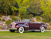 AUT 19 RK0728 01
1937 Cadillac 7529 Convertible Maroon 3/4 Front View On Grass By Trees