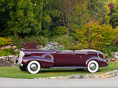 AUT 19 RK0732 01
1937 Cadillac 7529 Convertible Maroon 3/4 Front View On Grass By Trees