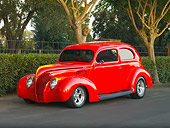 AUT 19 RK0737 01
1939 Ford Standard Coupe Red 3/4 Front View On Pavement By Trees