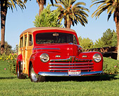 AUT 20 RK0030 03
1946 Ford Woody Red Low 3/4 Front View On Grass