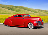 AUT 20 RK0541 01
1940 Mercury Coupe Red 3/4 Front View On Pavement By Grassy Hills