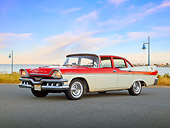 AUT 20 RK0560 01
1957 Dodge Custom Royal Lancer Red And White 3/4 Front View On Pavement By Water