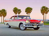 AUT 20 RK0566 01
1957 Dodge Custom Royal Lancer Red And White 3/4 Front View On Pavement By Palm Trees