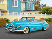 AUT 20 RK0604 01
1946 Buick Super Convertible Blue 3/4 Front View On Pavement By Blue And Yellow Houses