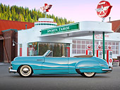 AUT 20 RK0608 01
1946 Buick Super Convertible Blue Profile View On Pavement At Gas Station