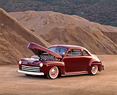 AUT 20 RK0037 04
1948 Burgundy Ford Coupe 3/4 Front View On Dirt Hood Open