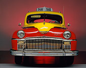 AUT 20 RK0067 02
1946 De Soto Taxi Cab Red And Yellow Head On Shot Red Lighting Background