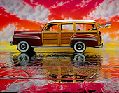 AUT 20 RK0111 02
1947 Mercury Woody Side View With Surfboard On Mylar Floor Colorful Sky Studio