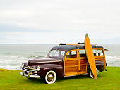AUT 20 RK0301 01
1946 Ford Woody Station Wagon Maroon 3/4 Side View On Grass