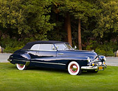 AUT 20 RK0365 01
1948 Buick Roadmaster Convertible Blue 3/4 Front View On Grass By Trees