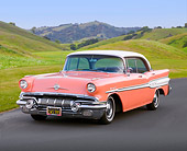AUT 21 BK0022 01
1957 Pontiac Chieftain Coral And White 3/4 Front View On Pavement By Hills