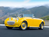 AUT 21 BK0026 01
1958 Austin-Healey Sprite (AKA Bugeye) Convertible Hot Rod Yellow 3/4 Front View On Pavement By Hills