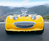AUT 21 BK0027 01
1958 Austin-Healey Sprite (AKA Bugeye) Convertible Hot Rod Yellow Front View On Pavement By Hills