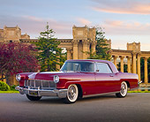 AUT 21 BK0041 01
1956 Lincoln Continental Red 3/4 Front View On Pavement By Trees