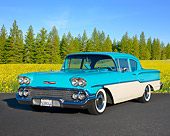 AUT 21 BK0048 01
1958 Chevrolet Delray Turquoise And White 3/4 Front View On Pavement By Wildflowers And Pine Trees