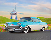 AUT 21 BK0049 01
1958 Chevrolet Delray Turquoise And White 3/4 Front View On Pavement By Flowers And Windmill