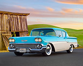 AUT 21 BK0050 01
1958 Chevrolet Delray Turquoise And White 3/4 Front View On Pavement By Old Wooden Shed