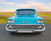 AUT 21 BK0051 01
1958 Chevrolet Delray Turquoise And White Front View On Pavement By Field Of Flowers