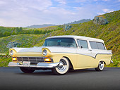 AUT 21 BK0054 01
1957 Ford Del Rio Ranch Wagon Yellow And White 3/4 Front View On Pavement By Grassy Hills