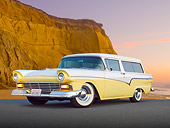 AUT 21 BK0055 01
1957 Ford Del Rio Ranch Wagon Yellow And White 3/4 Front View On Pavement By Beach