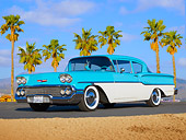 AUT 21 BK0058 01
1958 Chevrolet Delray Turquoise And White 3/4 Front View On Pavement By Palm Trees And Sand