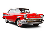 AUT 21 BK0082 01
1957 Chevrolet Bel Air Red And White 3/4 Front View On White Seamless