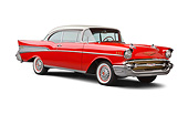 AUT 21 BK0085 01
1957 Chevrolet Bel Air Red And White 3/4 Front View On White Seamless
