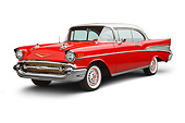 AUT 21 BK0090 01
1957 Chevrolet Bel Air Red And White 3/4 Front View On White Seamless