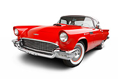 AUT 21 BK0103 01
1957 Ford Thunderbird Red With White Top 3/4 Front View On White Seamless
