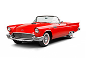 AUT 21 BK0106 01
1957 Ford Thunderbird Red With White Top 3/4 Front View On White Seamless