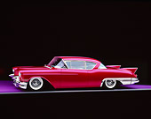AUT 21 RK0140 01
1957 Candy Raspberry Cadillac Eldorado Kustom Profile Shot On Purple Floor And Gray Line Studio