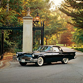 AUT 21 RK0413 03
1957 Black Ford T-Bird 3/4 Side View On Driveway By Black Gate And Trees