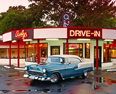 AUT 21 RK0481 06
1955 Chevy Bel Air Green And White 3/4 Front On Wet Pavement In Front Of Diner Headlights On At Dusk