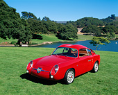 AUT 21 RK0785 03
1959 Abarth Zagato Double Bubble Coupe Red 3/4 Front View On Grass By Lake And Trees