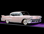 AUT 21 RK1209 05
1958 Cadillac De Ville Sedan Pink 3/4 Side View On Purple Floor Gray Line Studio