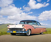 AUT 21 RK1948 01
1955 Ford Crown Victoria Pink And White 3/4 Front View On Dirt Road By Grassy Hills