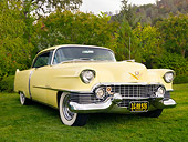 AUT 21 RK2121 01
1954 Cadillac Coupe de Ville Yellow Front 3/4 View Low Angle On Grass By Trees